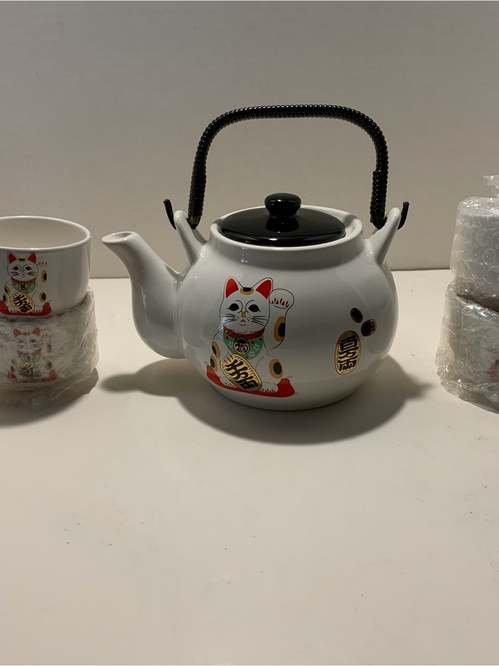 Vintage White Maneki Neko (Lucky Cat) tea set